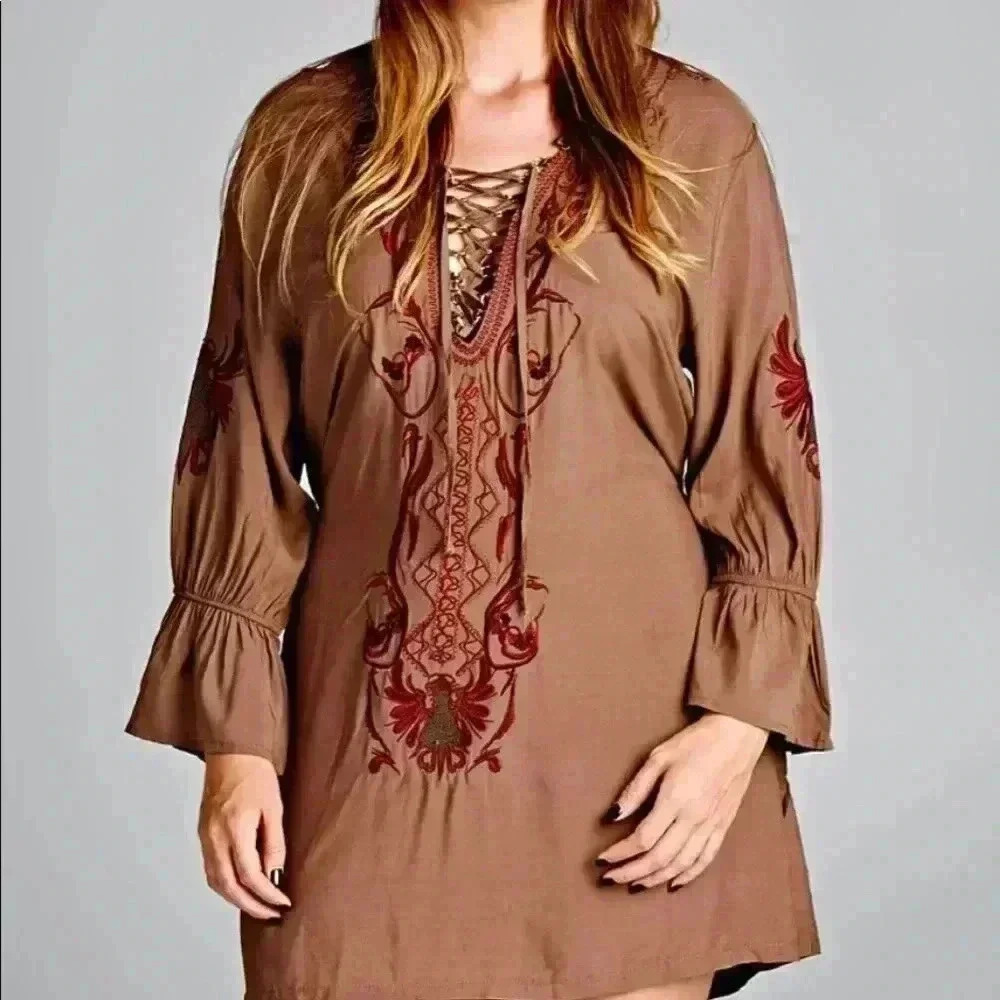 🆕Velzera Plus Size Khaki Embroidered Peasant Dress 1X🆕